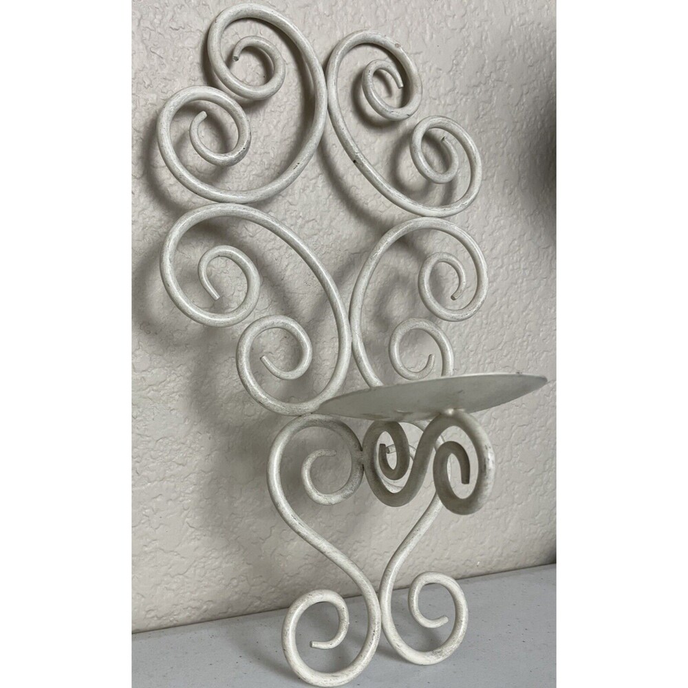 Wrought Iron Sconce Wall Hanging Pillar Candle Holder Set 2 White Scroll Nouveau - Picture 3 of 8